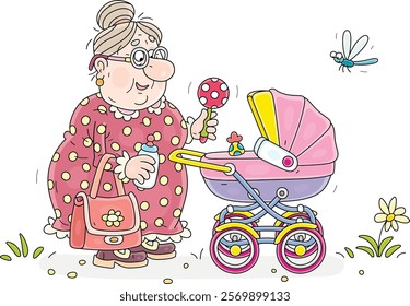 Funny granny nanny with a toy rattle and a small milk bottle walking with a baby stroller in a summer park, vector cartoon illustration isolated on a white background