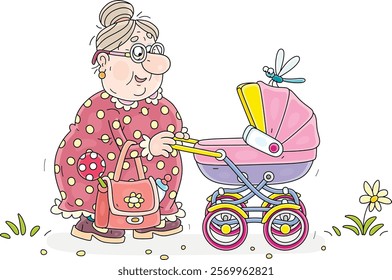 Funny granny nanny with a toy rattle and a small milk bottle in her handbag walking with a small child sleeping in a baby stroller, vector cartoon illustration isolated on a white background