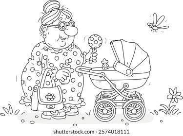 Funny granny nanny with a toy rattle and a small milk bottle walking with a baby stroller in a summer park, black and white outline vector cartoon for a coloring book