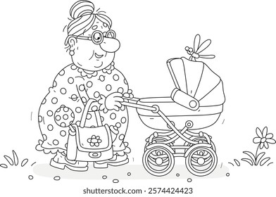 Funny granny nanny with a toy rattle and a small milk bottle in her handbag walking with a small child sleeping in a baby stroller, black and white outline vector cartoon for a coloring book