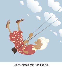 A funny granny on the swing is happy like a child.