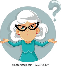 Funny Granny Shrugging Vector Cartoon Illustration. Senor lady raising shoulders feeling concerned
