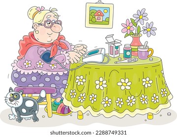Niña graciosa sentada en su hermosa mesa de cocina con flores y monitoreando la presión arterial y el latido cardíaco con un dispositivo médico de casa, ilustración de caricatura vectorial aislada en un fondo blanco