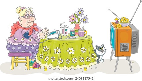 Graciosa abuelita sentada en su hermosa mesa de cocina con flores y monitoreando la presión sanguínea y el latido cardíaco con un dispositivo médico de casa después de ver las noticias de última hora en TV, caricatura vectorial