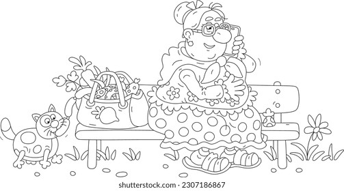 Funny granny sitting on a bench after shopping and chatting on her phone, a sly plump cat trying to steal sausages from a shopping bag, black and white outline vector cartoon for a coloring book