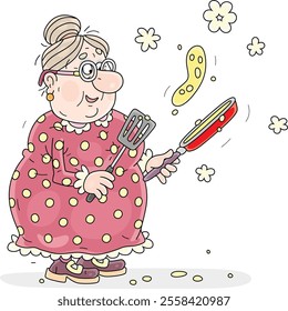 Funny granny skillfully frying tasty pancakes from sweet batter, vector cartoon illustration on a white background