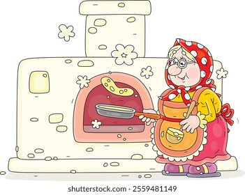 Funny granny skillfully frying tasty pancakes from sweet batter in her traditional village oven for a festive table, vector cartoon illustration on a white background