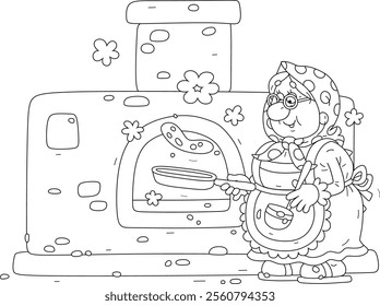 Funny granny skillfully frying tasty pancakes from sweet batter in her traditional village oven for a festive table, black and white vector cartoon illustration for a coloring book