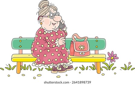 Funny granny in a spotted dress with her handbag sitting on a color bench in a summer park and friendly chatting on a phone, vector cartoon illustration isolated on white