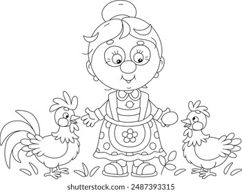 Funny granny villager holding a fresh egg near a rooster and hen in a poultry-yard, black and white vector cartoon illustration for a coloring book