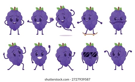 Divertidos personajes de uva. Uvas lindas, diferentes poses, feliz, enojado y triste. Jugo de la bebida del carácter de la fruta, montando el monopatín. Conjunto de Vector sapid de mascotas para niños