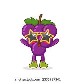 Gracioso personaje de fruta de uva en gafas con forma de estrella divirtiéndose en la fiesta, ilustración vectorial de dibujos animados aislados en fondo blanco. Caricatura de uva, mascota de fiesta