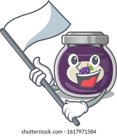 Funny grape jam cartoon character style holding a standing flag