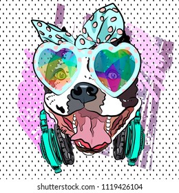 Funny graphic. Bulldog girl. Vector sketch dog. Comic portrait dog.