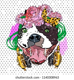 Funny graphic. Bulldog girl in wreath of roses. Vector sketch dog. Comic portrait dog.