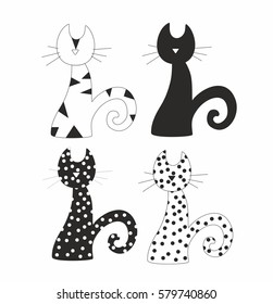 Funny graphic cats, silhouette of swirling shapes with dots, triangles inside. For plotter cutting, T-shirt printing and interior decoration