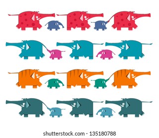 Funny Graphic Elephants Herd Collection. A set of colorful elephants. Vector illustration EPS8.