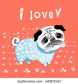 funny graphic pug lover on a red background with flowers