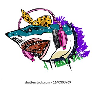 Funny graphic. Vector sketch shark. Comic portrait shark.