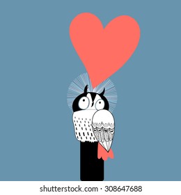 funny graphics in love owl on a blue background