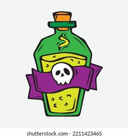 Funny Graphics Poison Bottle Illustration, Skull Symbol, Cartoon Vector, Danger, Death Sign, Glass, Isolated, Old Potion, Liquid, Halloween, Design, Art, Toxic Drink, Skeleton Drawing