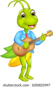 funny grasshopper cartoon playing guitar with smile