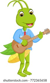 funny grasshopper cartoon standing with smile and play guitar