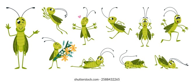 Funny grasshopper. Green grasshoppers run sleep play, falling in love and holding flowers. Garden insects cartoon characters, children mascots classy vector set