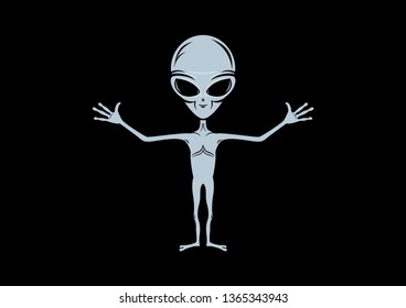 Funny gray Alien with open arms cartoon character. Alien gray man icon vector isolated on a black background. Smiling Extraterrestrial drawing
