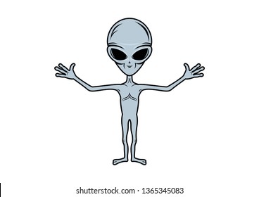 Funny gray Alien with open arms cartoon character. Alien gray man icon vector isolated on a white background. Smiling Extraterrestrial drawing
