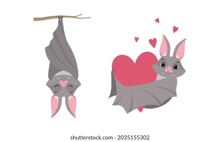 Funny Gray Bat with Cute Snout Embracing Heart and Hanging Upside Down on Tree Branch Sleeping Vector Set