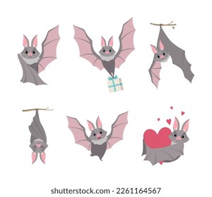 Funny Gray Bat with Cute Snout Flying with Gift Box, Holding Heart and Hanging on Tree Branch Vector Set