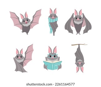 Funny Gray Bat with Cute Snout Flying, Reading Book, Wearing Scarf and Hanging on Tree Branch Vector Set