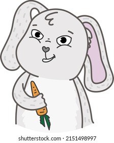 The funny gray bunny holding a carrot. Easter illustration