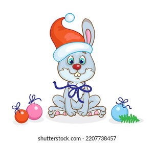 Funny gray bunny in a red cap - a symbol of the new year with glass balls. In cartoon style. Isolated on a white background. Vector illustration