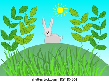 Funny gray Bunny sitting on a green hill in the grass and basking in the sun