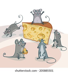 Funny gray cartoon mice around cheese. Vector illustration, EPS 10. Contains transparent objects