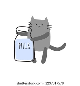 Funny gray cat with a big bottle of milk flat style vector illustration isolated on white background