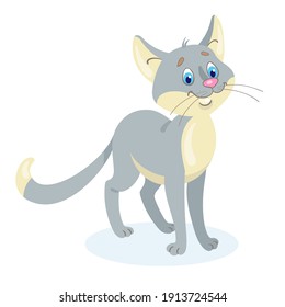 Funny gray cat. In cartoon style. Isolated on white background. Vector flat illustration.