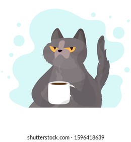 Funny gray cat with a cup. A cat with a serious look. Chubby cat with a cup of coffee. Good for designer cards or t-shirts. Vector illustration