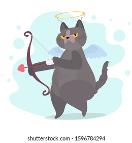 Funny gray cat in the image of a cupid. A cat with a serious look. Chubby cat with an arrow. Concept for the day of lovers. Good for designer cards or t-shirts. Vector illustration