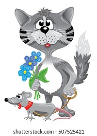 Funny gray cat lead cute rat and blue flowers 
