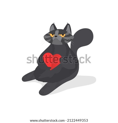 Funny gray cat. A cat with a serious look. A chubby cat sits funny with a heart in its paws. Good for designer cards or t-shirts. Vector illustration