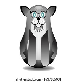 Funny gray cat in the shape of a nesting doll, in the style of a flat with a gradient mesh. Vector illustration, template design for posters, flyers, cards or vouchers.