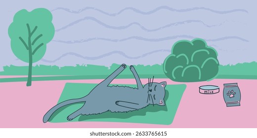 Funny gray cat stretching outdoors on pink grass, yoga-themed animal vector for stress relief and healthy lifestyle content.