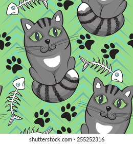 Funny gray cats and fish-bone, seamless decorative pattern