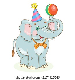 Funny gray circus elephant in a festive hat with a ball in his trunk. In cartoon style. Isolated on white background. Vector illustration