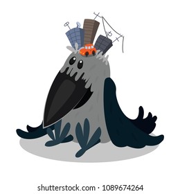 A funny gray crow with a city and a car on his head. Vector illustration of a cute city bird.
