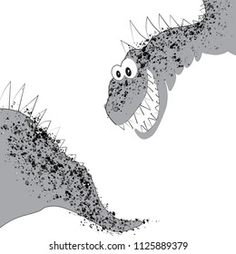 Funny gray dinosaur laughs and looks at his tail. Dinosaur head and tail for design on children's clothes, fabrics, cards and books, for comics