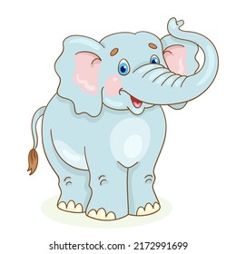 Funny gray elephant stands with a raised trunk. In cartoon style. Isolated on white background. Vector illustration